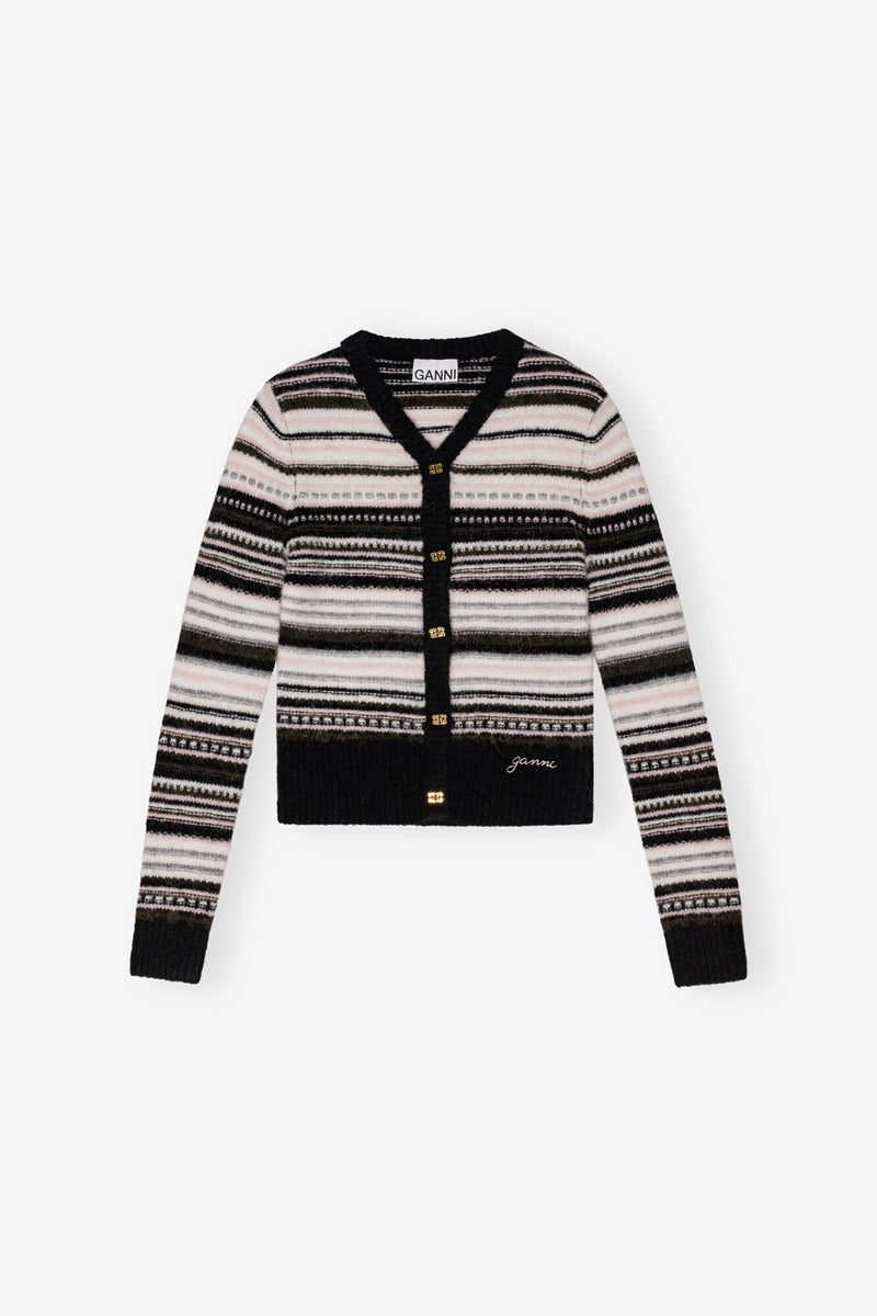 Ganni Soft Wool Stripe Cardigan Black