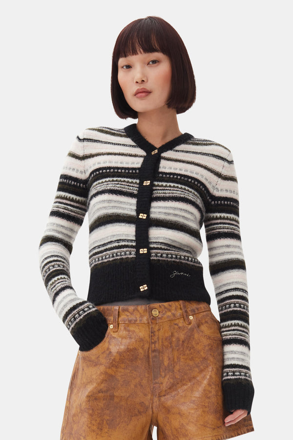 Ganni Soft Wool Stripe Cardigan Black