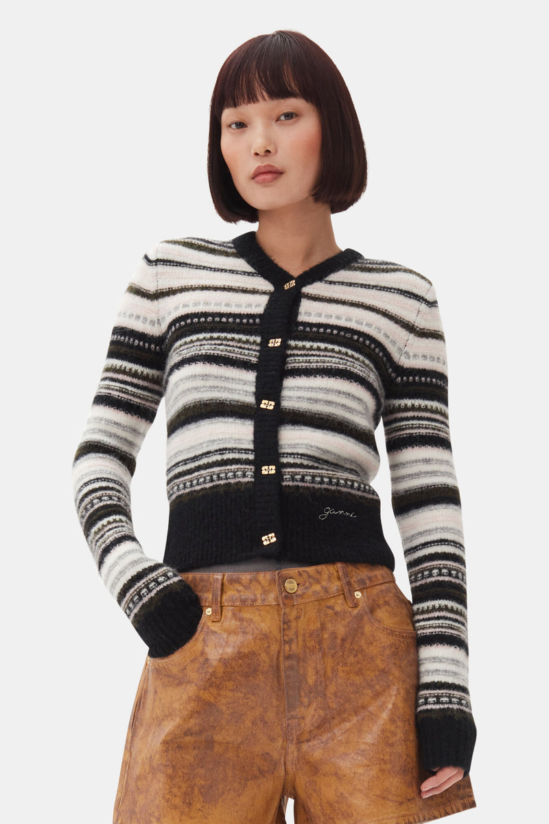 Ganni Soft Wool Stripe Cardigan Black