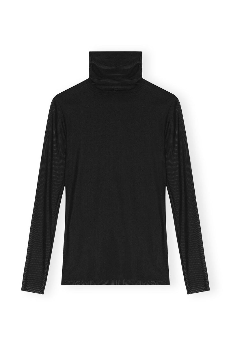 Ganni Solid Mesh Long Sleeve Rollneck Black