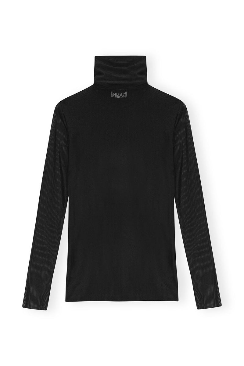 Ganni Solid Mesh Long Sleeve Rollneck Black