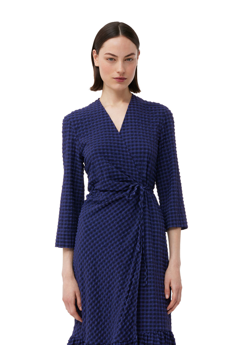 Ganni Stretch Seersucker Gathered Midi Wrap Dress Deep Cobalt