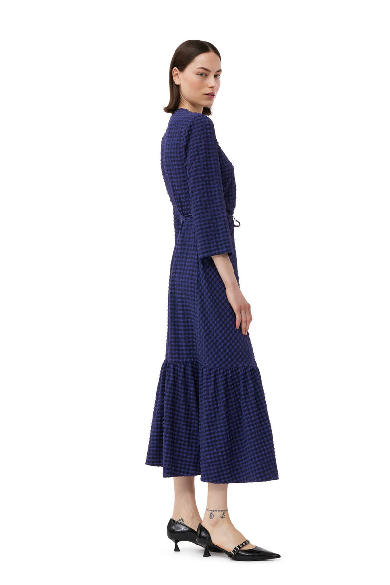 Ganni Stretch Seersucker Gathered Midi Wrap Dress Deep Cobalt