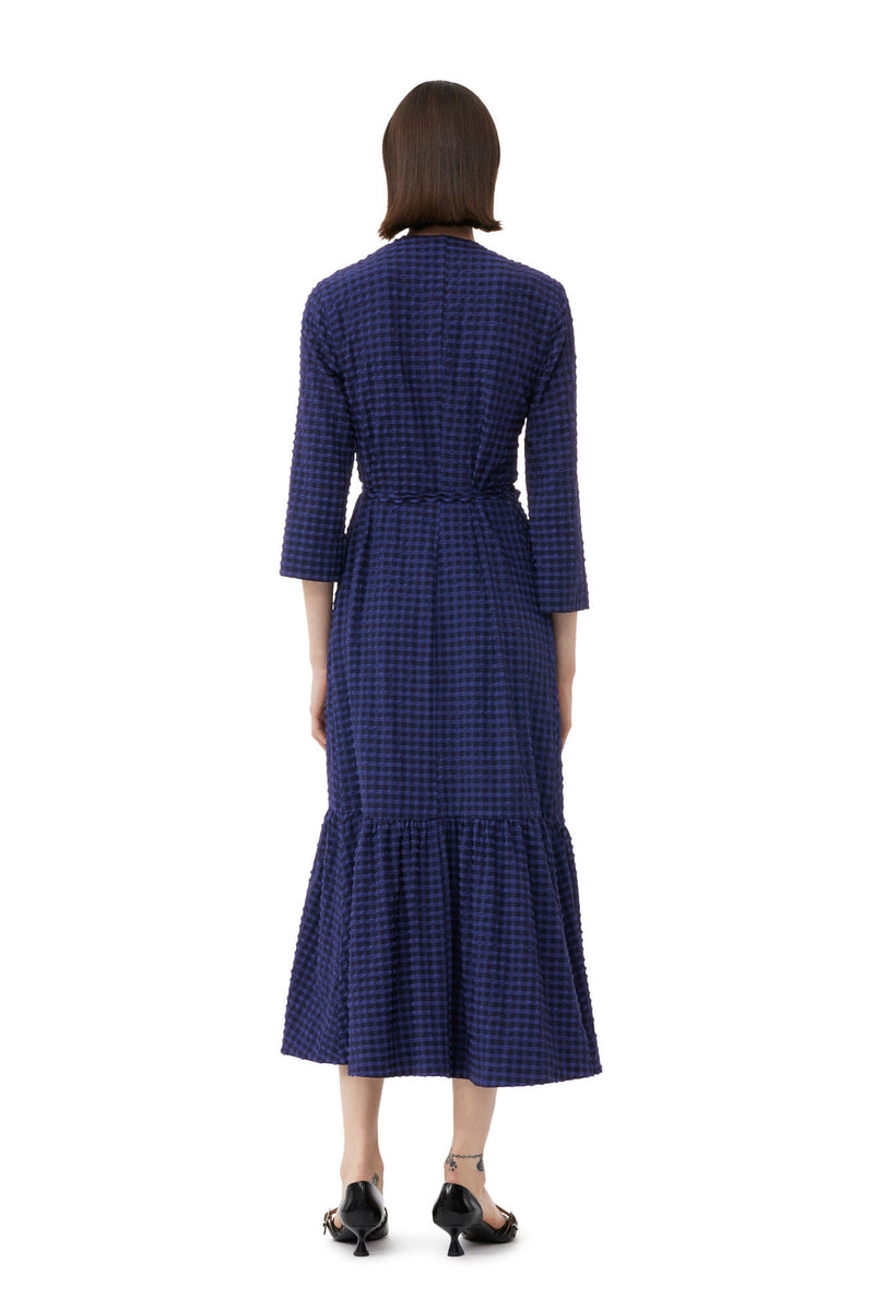 Ganni Stretch Seersucker Gathered Midi Wrap Dress Deep Cobalt