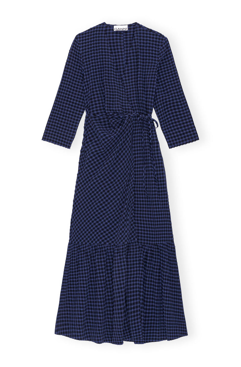 Ganni Stretch Seersucker Gathered Midi Wrap Dress Deep Cobalt