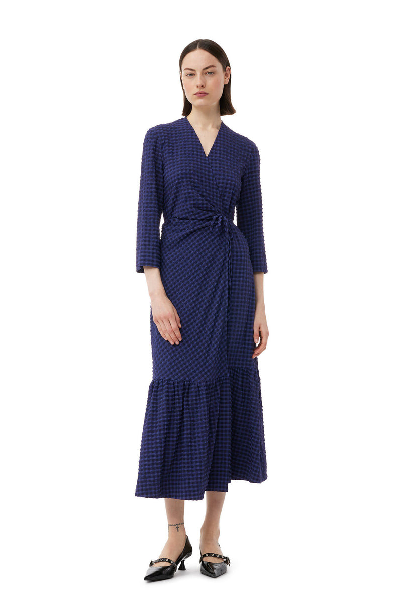 Ganni Stretch Seersucker Gathered Midi Wrap Dress Deep Cobalt