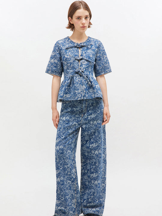 Ganni Tapestry Denim Peplum Blouse Mid Blue Stone