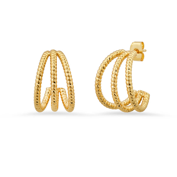 Tai Triple textured hoop huggie hoop earrings - Length: 20mm, Width: 11mm