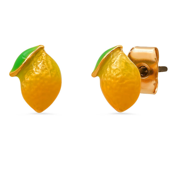 Tai Lemon post with green enamel detailed leaf earrings