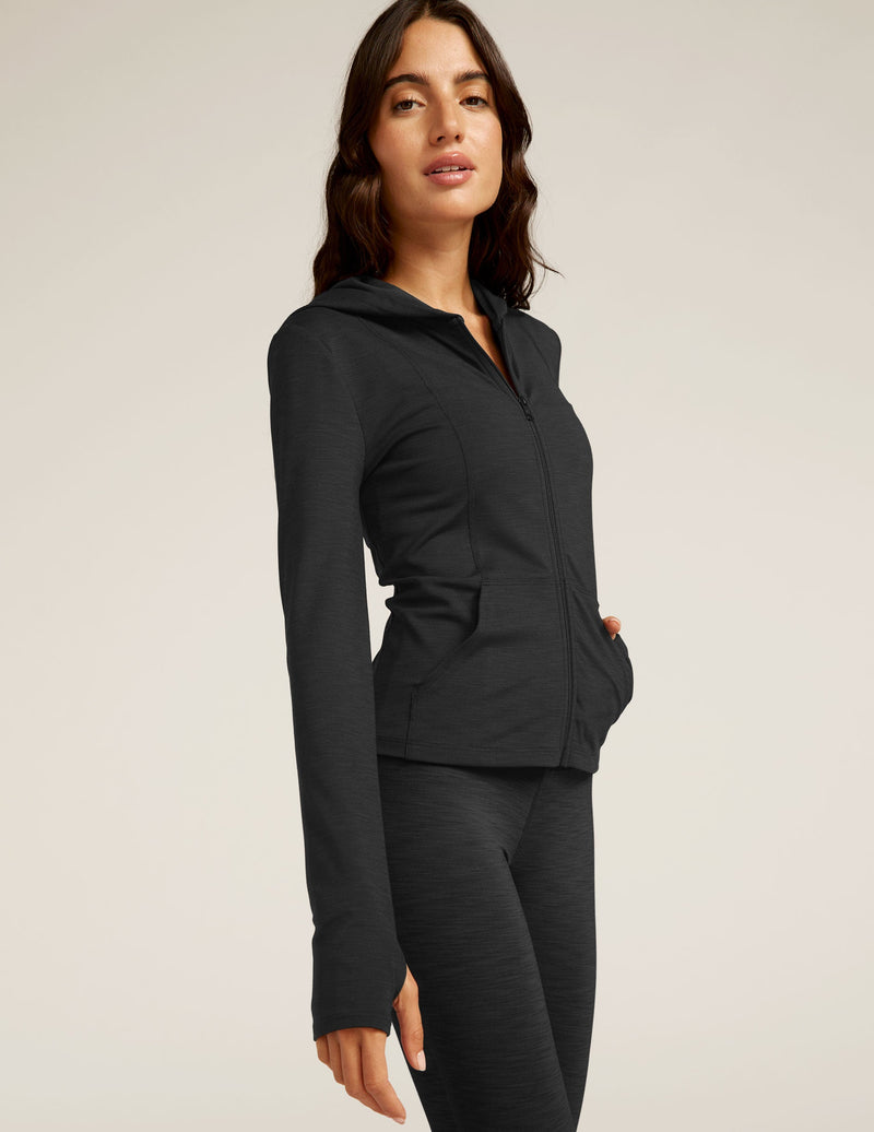 Beyond Yoga Heather Rib Morning Jog Hoodie Black Heather