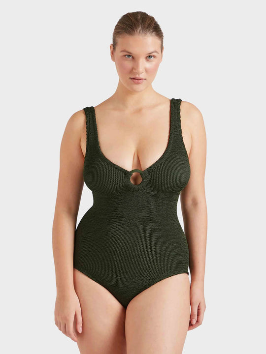 Hunza G Coverage Celine Swim With Fabric Covered Hoops Metallic Khaki