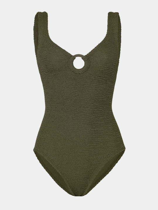 Hunza G Coverage Celine Swim With Fabric Covered Hoops Metallic Khaki