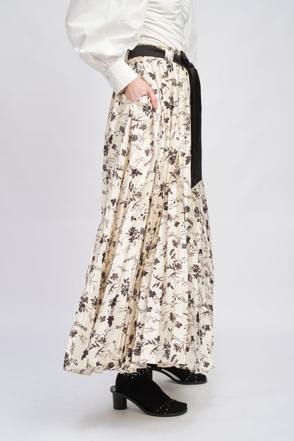 En Saison Pleated Satin Maxi Skirt Oyster