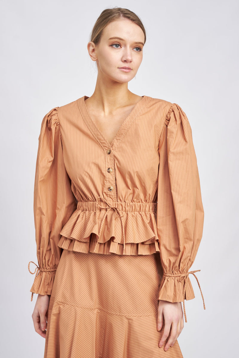 En Saison Pleated Peplum Striped Blouse Cider