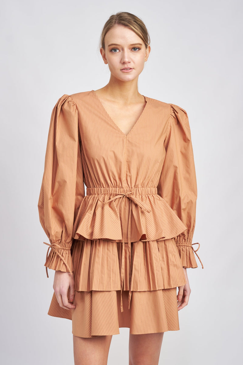 En saison Pleated Detailed Tiered Mini Dress Cider