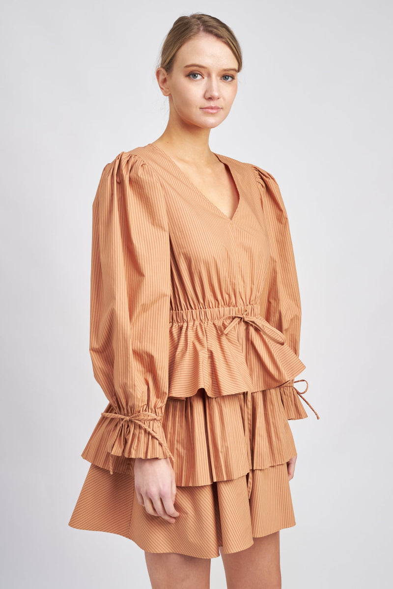 En saison Pleated Detailed Tiered Mini Dress Cider