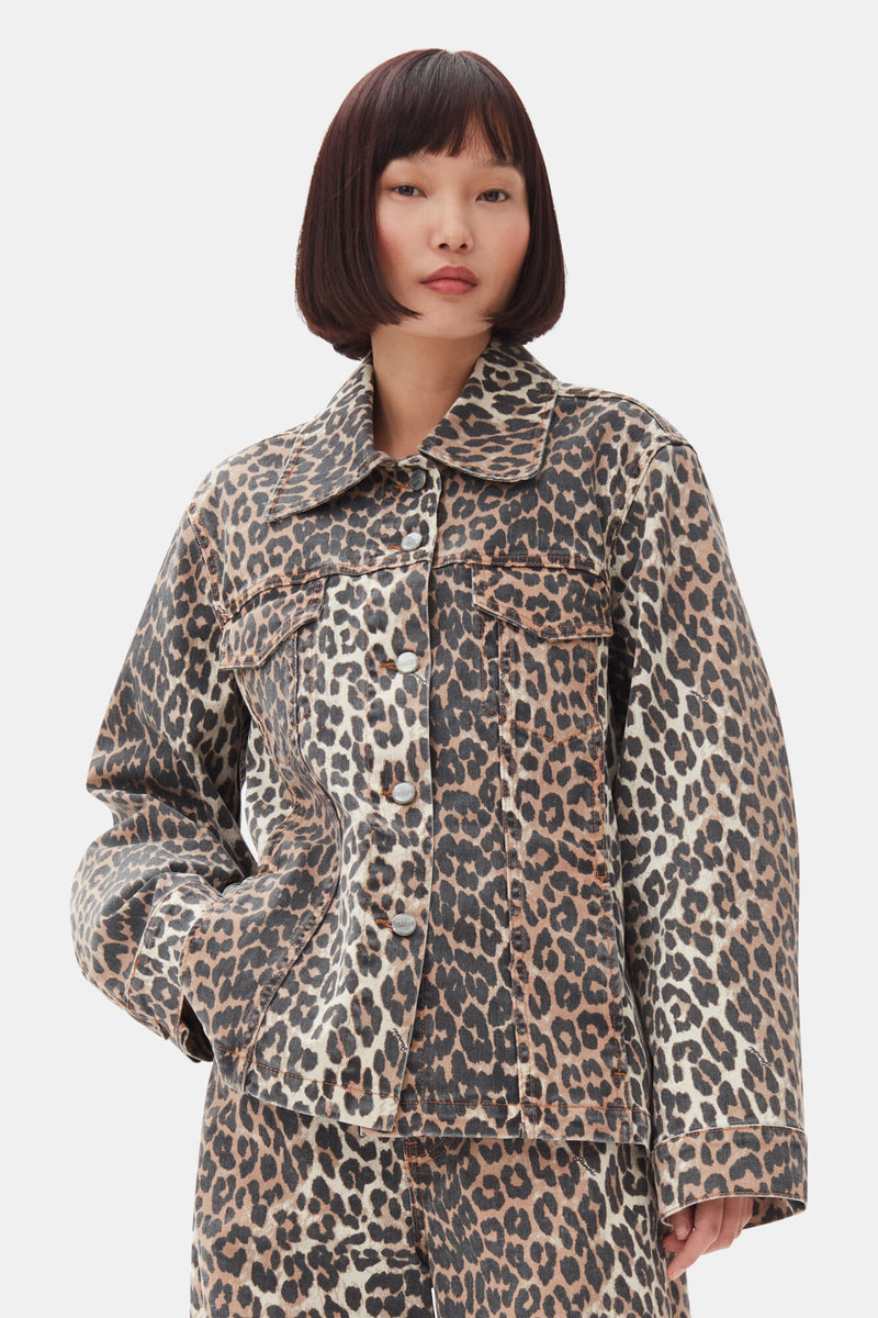 Ganni Print Denim Jacket Leopard