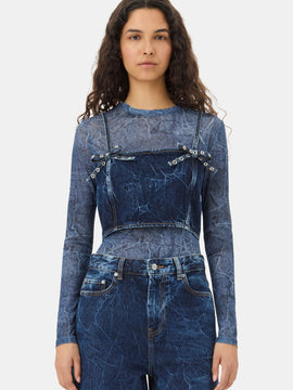 Ganni Crinkled Future Denim Strap Top Mid Blue Stone