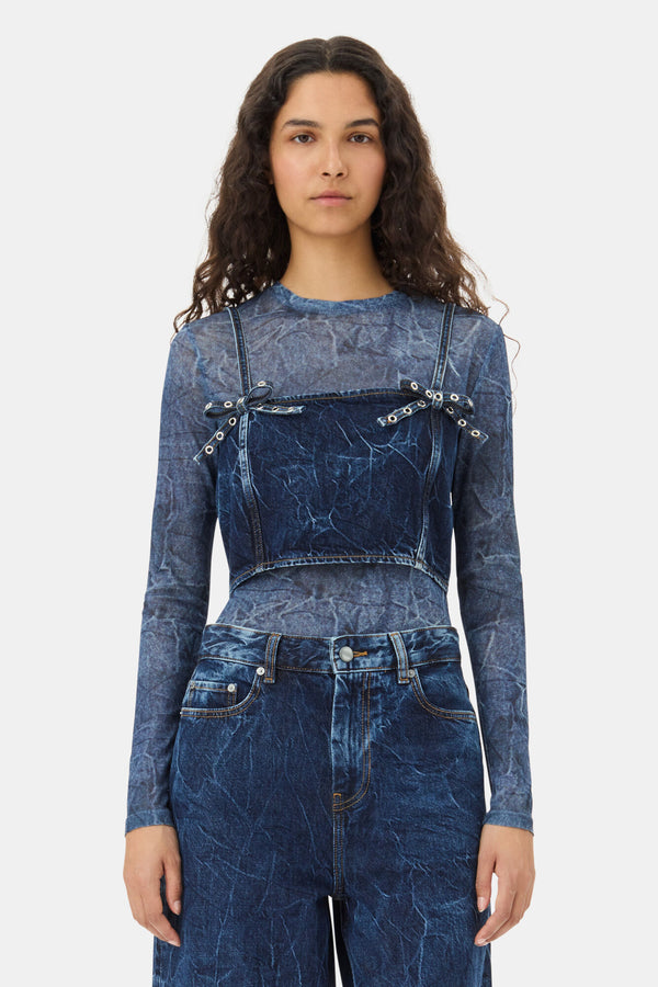 Ganni Crinkled Future Denim Strap Top Mid Blue Stone