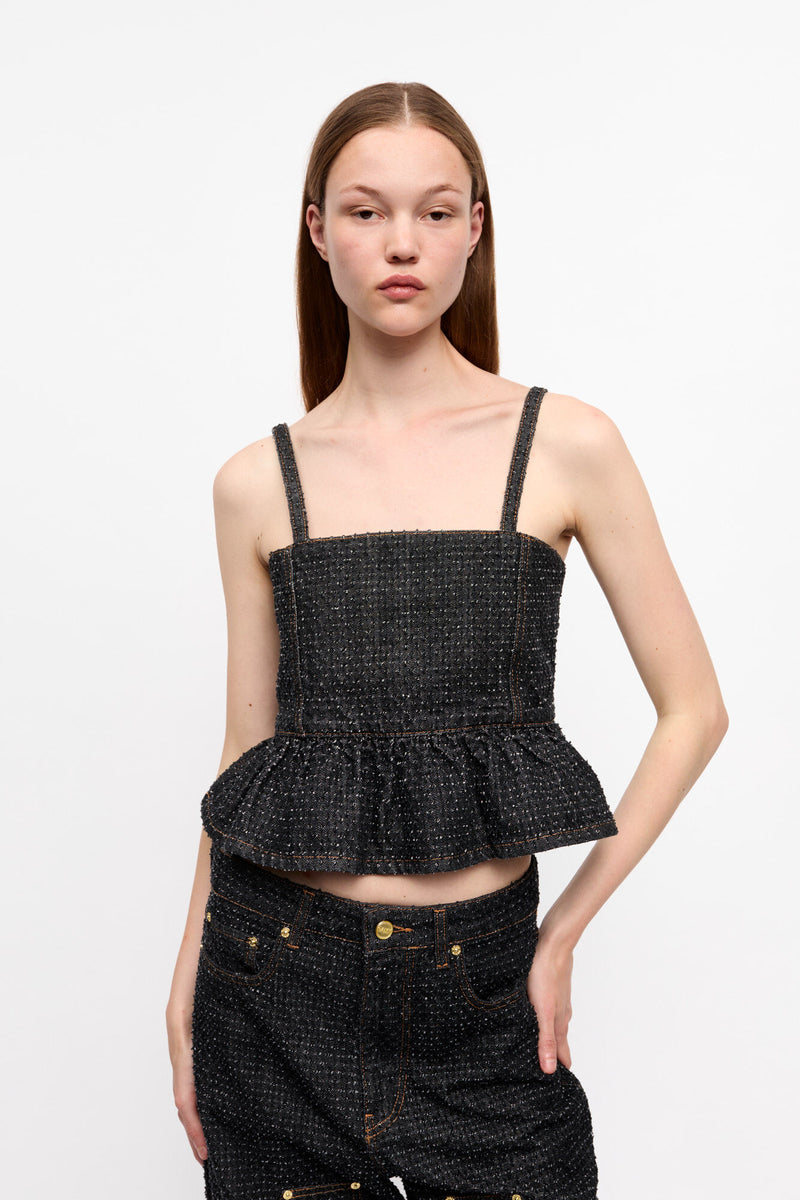 Ganni Fluffy Denim Strap Top Black