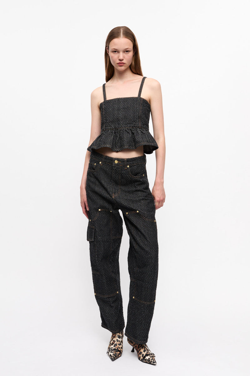 Ganni Fluffy Denim Strap Top Black