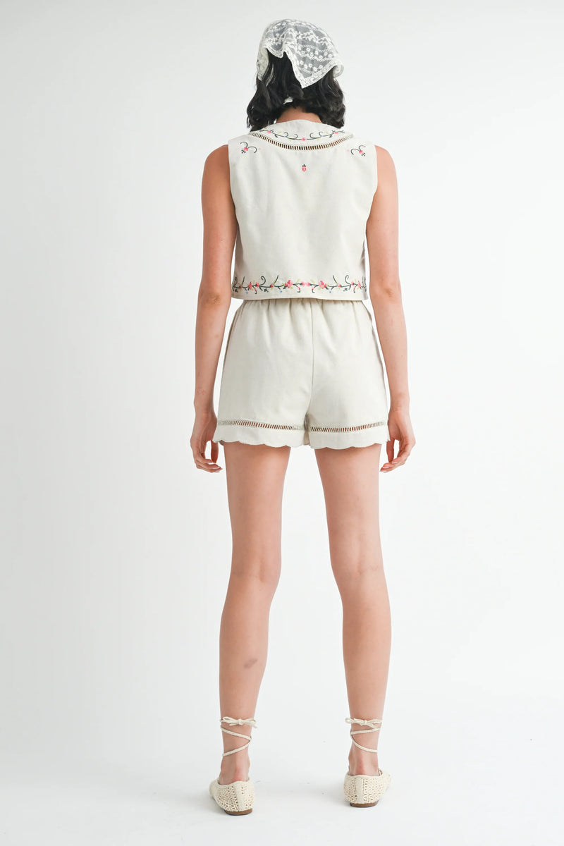 Jacquie the Label Tie Front Linen Embroidered Sleeveless Top Oatmeal
