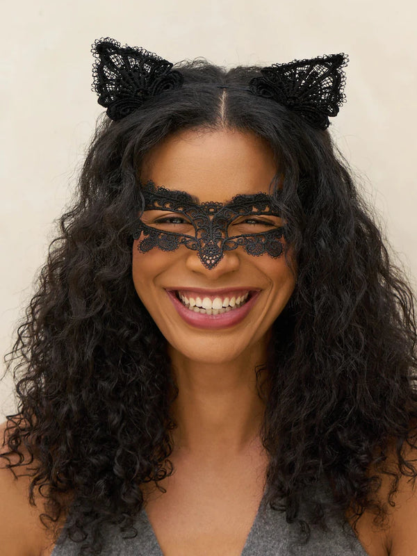 Kit.Sch Black Cat Lace Headband & Mask 2pc Set