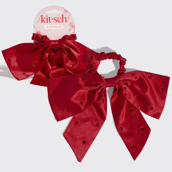 Kit.Sch Holiday Satin & Rhinestone Bow Scrunchie