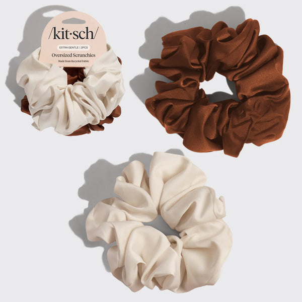 Kit.Sch Recycled Fabric Oversized Scrunchies - Cream & Camel