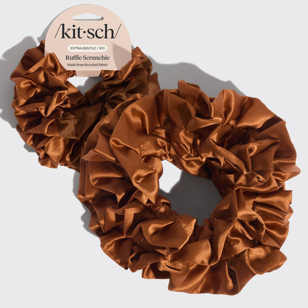 Kit.Sch Recycled Fabric Ruffle Scrunchie - Camel