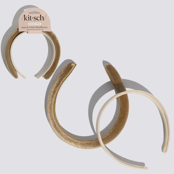 Kit.Sch Recycled Fabric Satin & Velvet Headbands 2pc Set - Cream & Camel