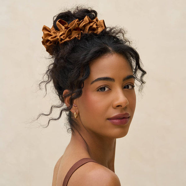 Kit.Sch Recycled Fabric Ruffle Scrunchie - Camel