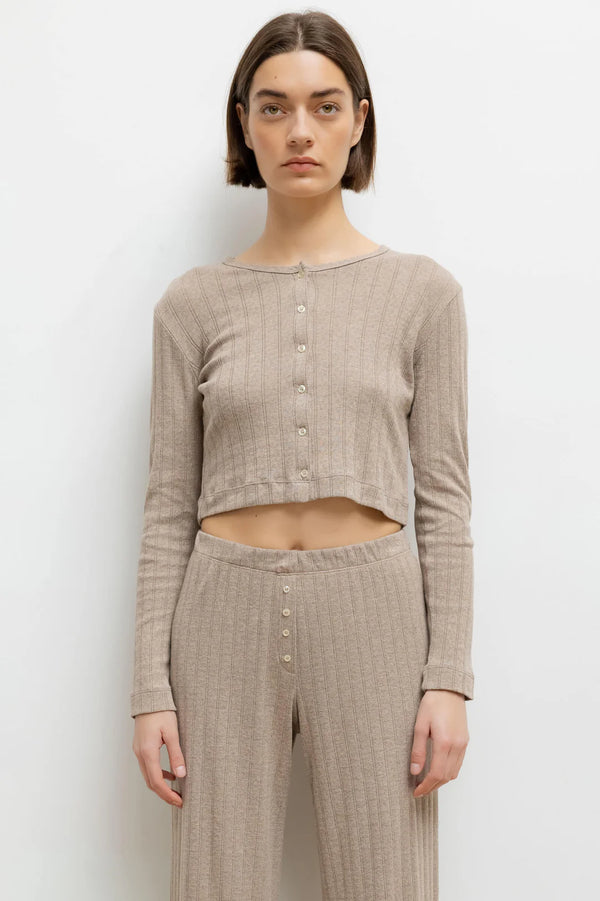 LESET Pointelle Crop Cardigan Beige Melange