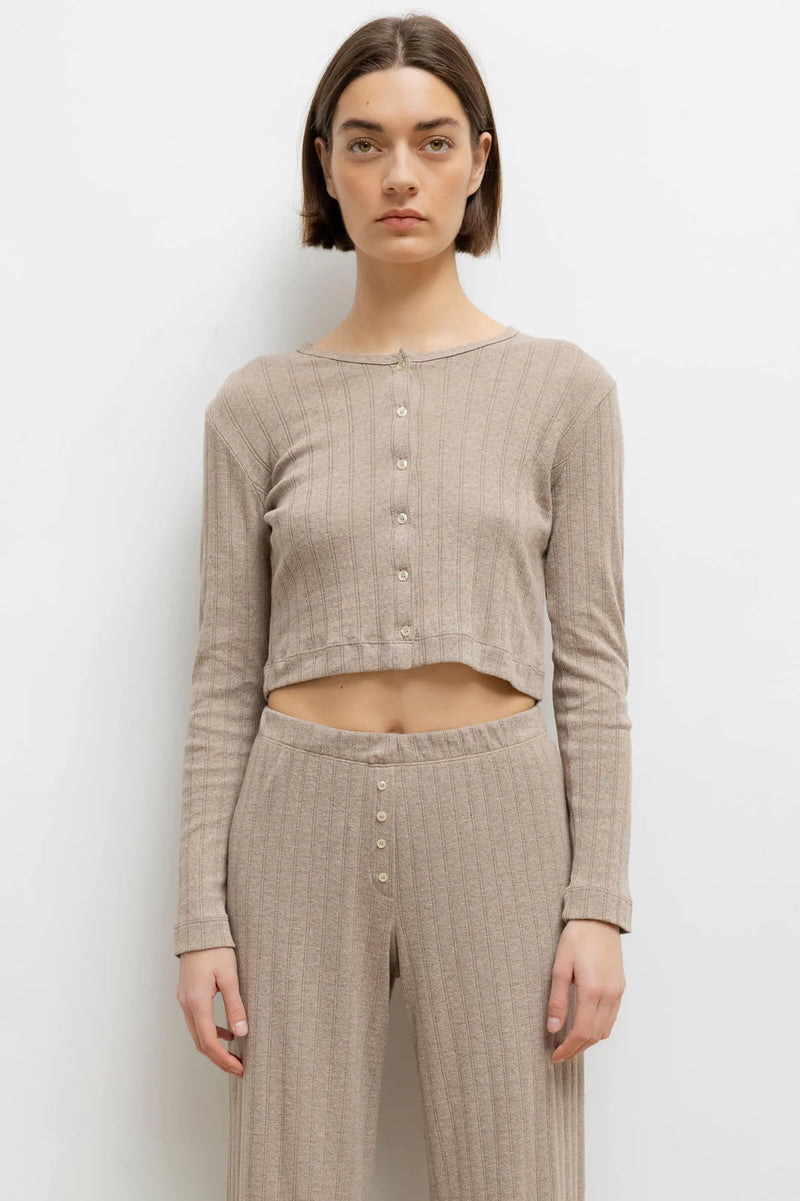 LESET Pointelle Crop Cardigan Beige Melange