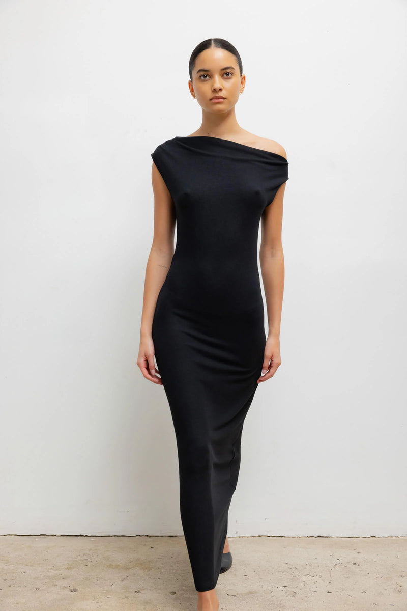 Leset Lauren Ruched Asymmetrical Shoulder Dress Black