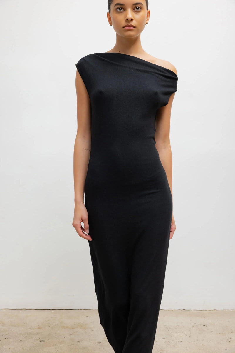 Leset Lauren Ruched Asymmetrical Shoulder Dress Black