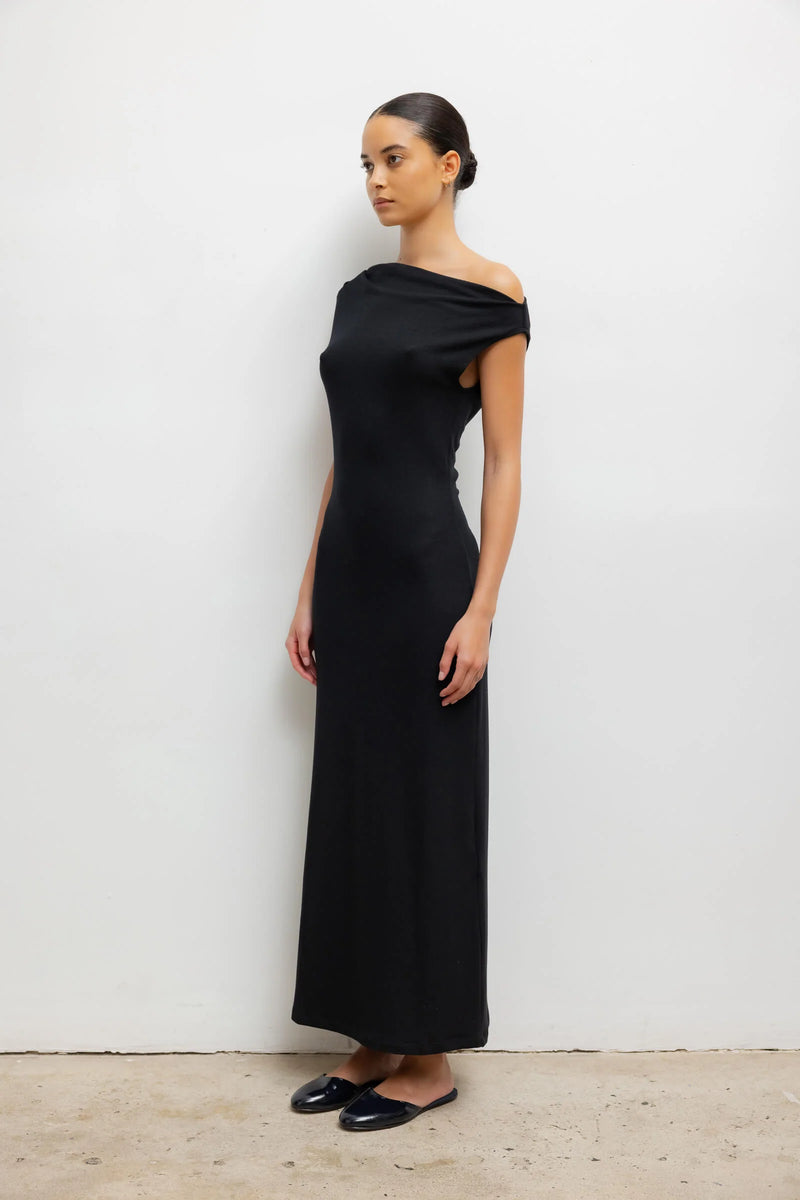 Leset Lauren Ruched Asymmetrical Shoulder Dress Black