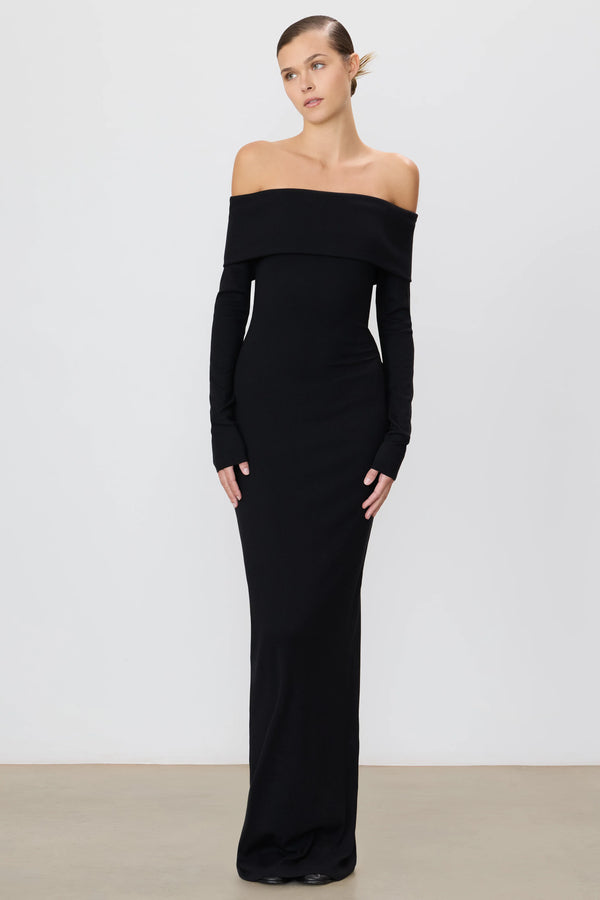 Eterne Long Sleeve Off-Shoulder Maxi Dress Black