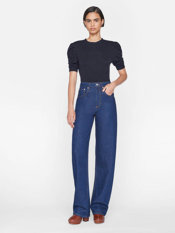 Frame Ruched Sleeve Cashmere Sweater in Navy