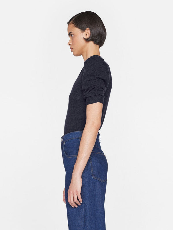 Frame Ruched Sleeve Cashmere Sweater in Navy