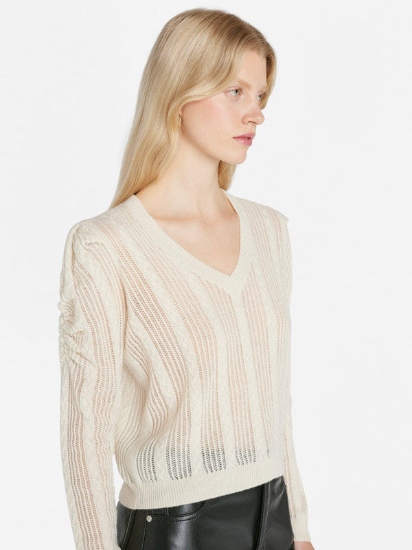 Frame Pointelle Cashmere Ruched Sweater in Off White