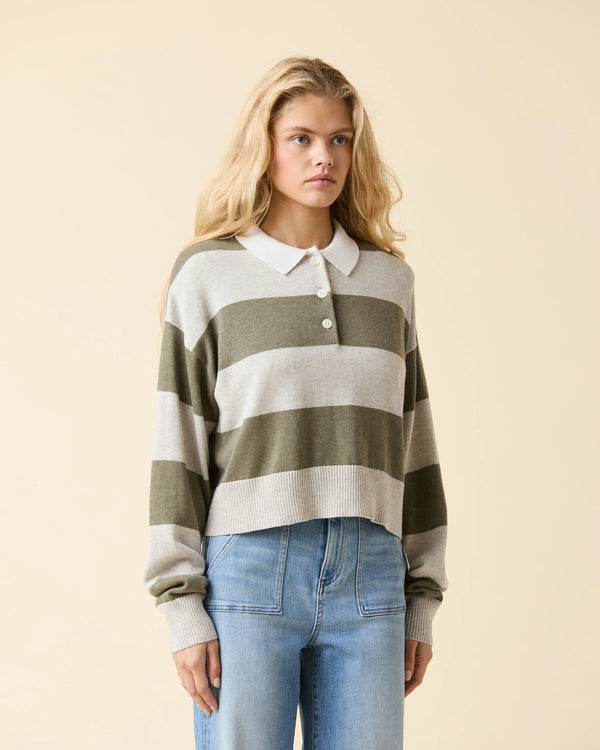 Le Jean Cotton Cashmere Polo Green Rugby Stripe