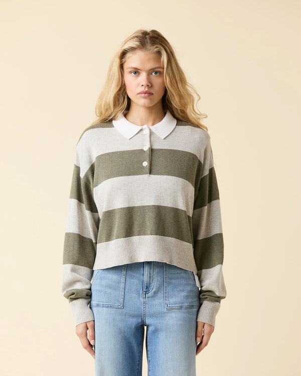 Le Jean Cotton Cashmere Polo Green Rugby Stripe