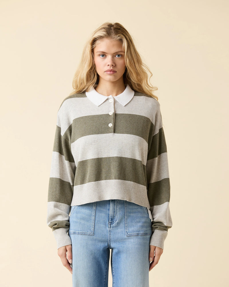 Le Jean Cotton Cashmere Polo Green Rugby Stripe