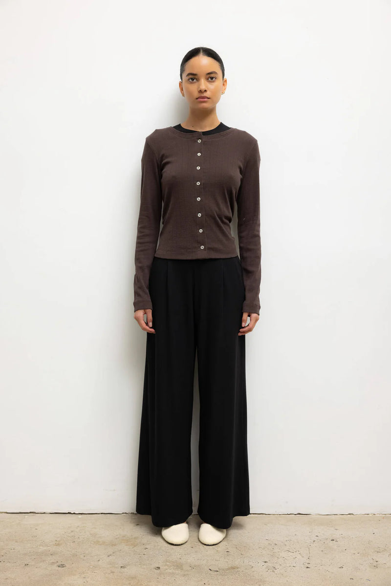 Leset Pointelle Classic Crew Cardigan Choco