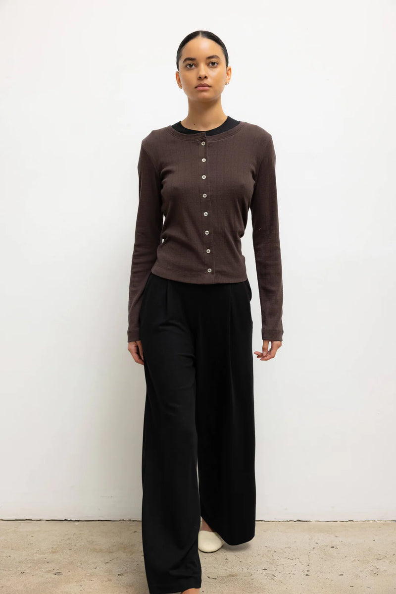 Leset Pointelle Classic Crew Cardigan Choco
