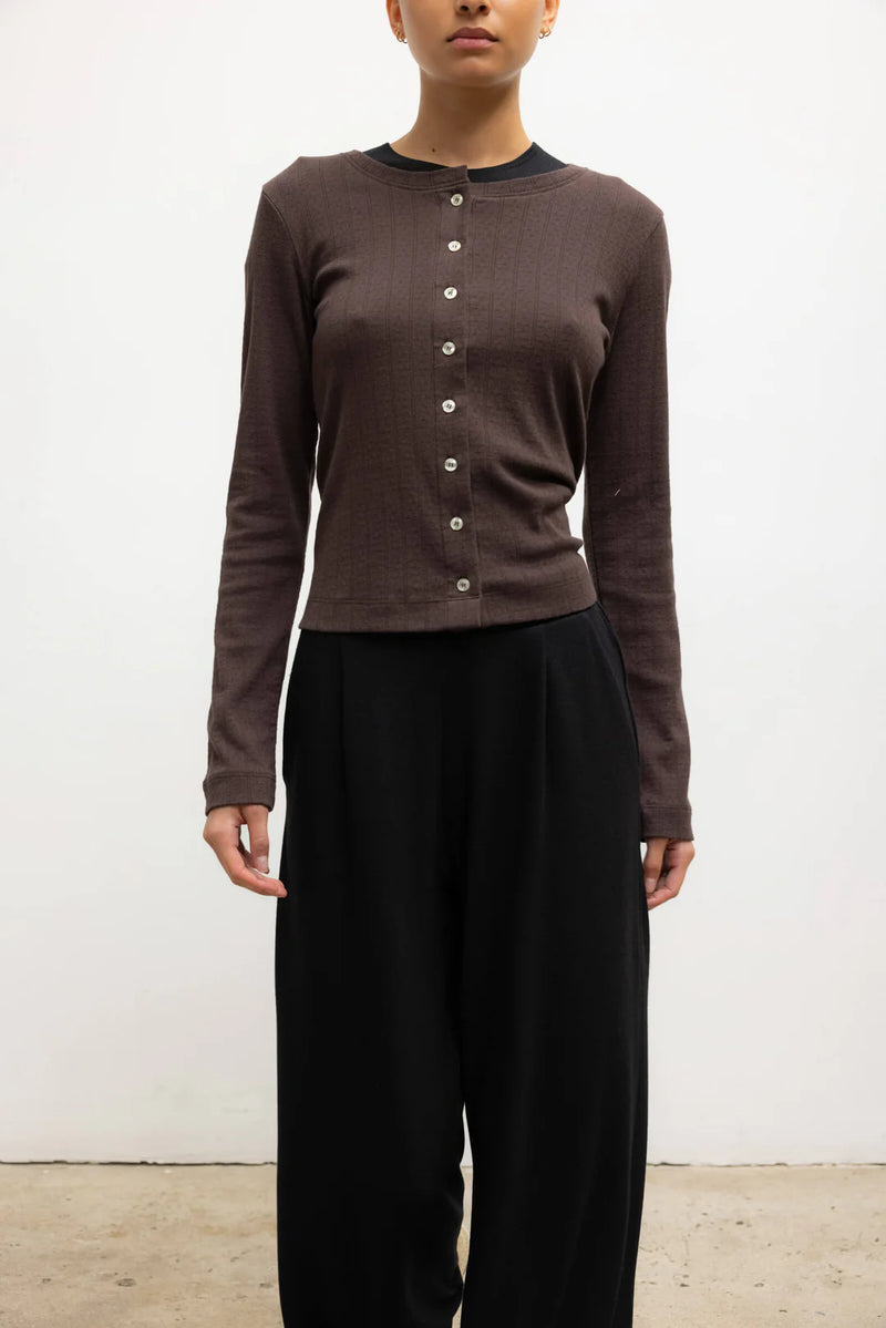 Leset Pointelle Classic Crew Cardigan Choco