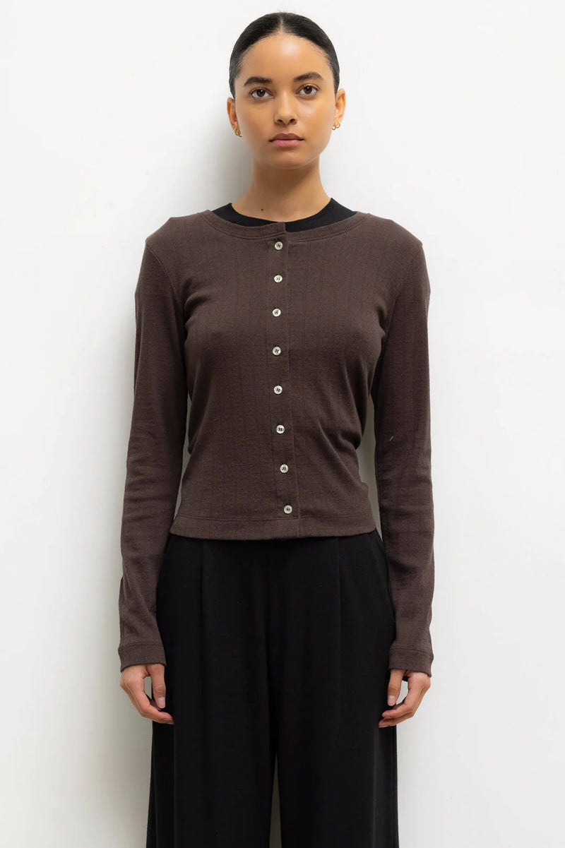 Leset Pointelle Classic Crew Cardigan Choco