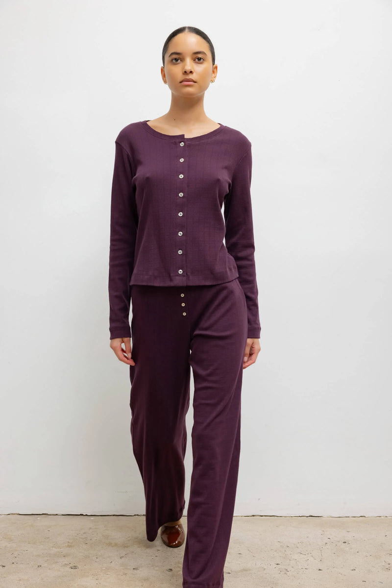 Leset Pointelle Classic Crew Cardigan Dark Berry