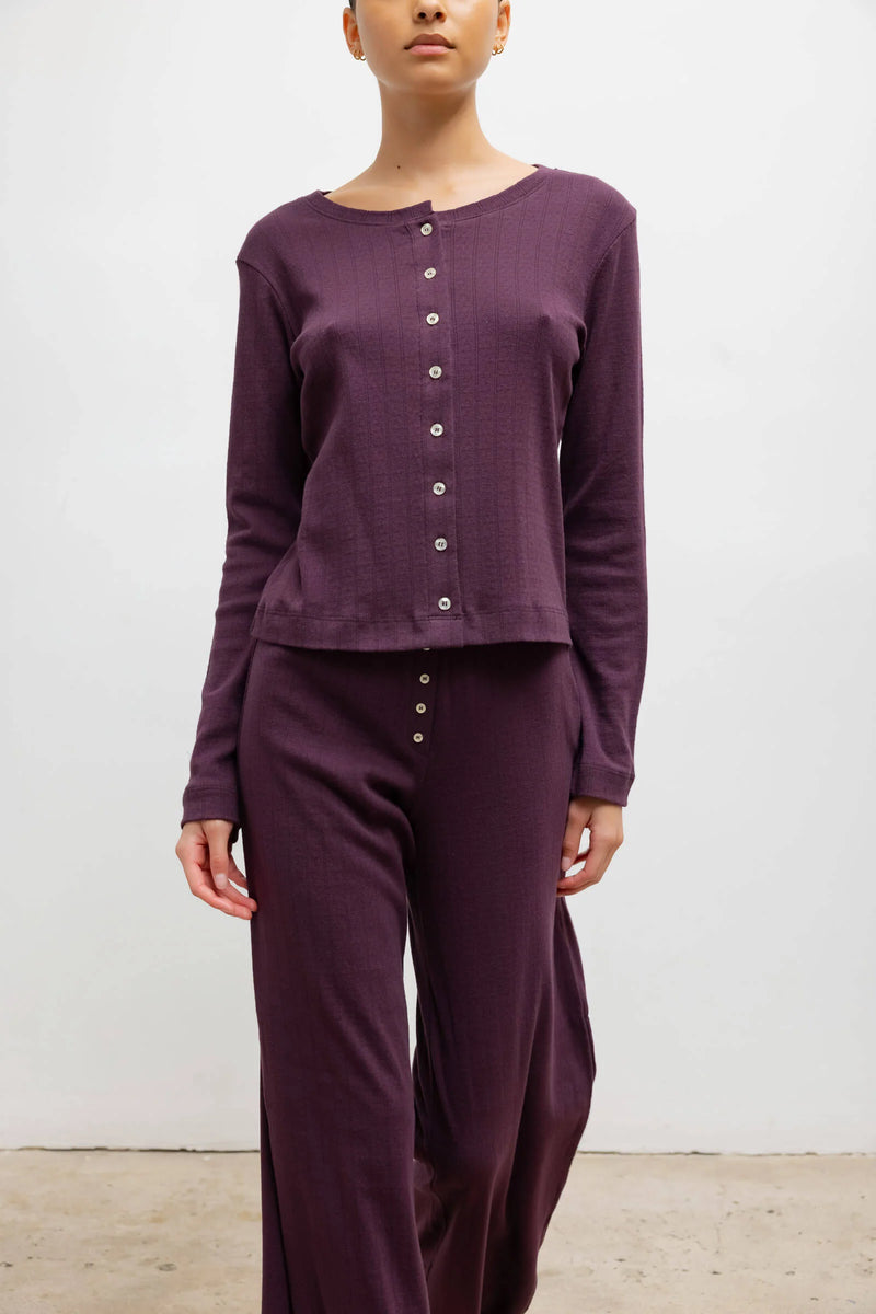 Leset Pointelle Classic Crew Cardigan Dark Berry